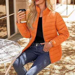Veste matelassée pour femme tendance, manteau d'hiver matelassé léger, fermeture éclair intégrale, col montant, vêtements d'extérieur orange - Product Image 3