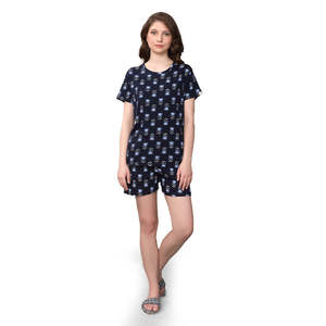 Conjunto de Pijama Corto para Mujer, Color Azul Marino, 100% Algodón Tejido, Tacto Suave, Manga Corta, 2 Piezas - Product Image 3