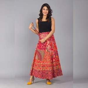 Red Ethnic Print Maxi Skirt Breathable Formal Wrap Floral Digital Embroidered <b>Ball</b> Gown Plus Size Fit Work Silk Cotton Knitted - Product Image 3