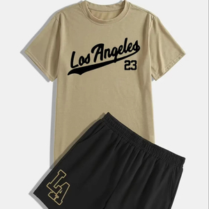 Conjunto Deportivo Informal para Hombre, Camiseta y Pantalones Cortos Estampados, Combinación Transpirable de Mezcla de Felpa, Ropa de Verano de Alta Calidad para Exteriores, Color Sólido - Product Image 1