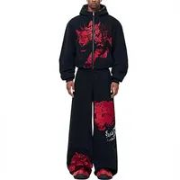 VENLEAG Setelan Training Pria Rajut Termal Musim Gugur Bahan Polyester/Katun Warna Hitam Model Longgar dengan Ritsleting dan Cetakan Grafis Streetwear Kasual