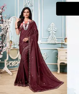 Indian Ethnic Wear Vichitra silk Saree C-pllu Work with Embroidery Threads Work Saree and Heavy Banglory blouse with Heavy Work