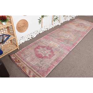 Alfombra de lana turca rosa y naranja de 3x11,3 pies, diseño clásico de retazos rectangulares de área grande para habitaciones de adolescentes con respaldo de látex - Product Image 3