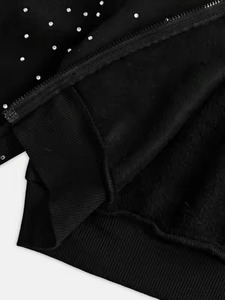 Women's <b>Black</b> Rhinestone <b>Zip</b> Up <b>Hoodie</b> 100% Cotton 420GSM Heavyweight Custom Logo Streetwear Cropped Winter Fashion Jacket - Product Image 6