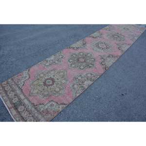 Alfombra turca Vintage de 3x13,3 pies, área grande clásica, diseño de retazos rosa y verde, Material de lana de látex para adolescentes, pasillo clásico - Product Image 2
