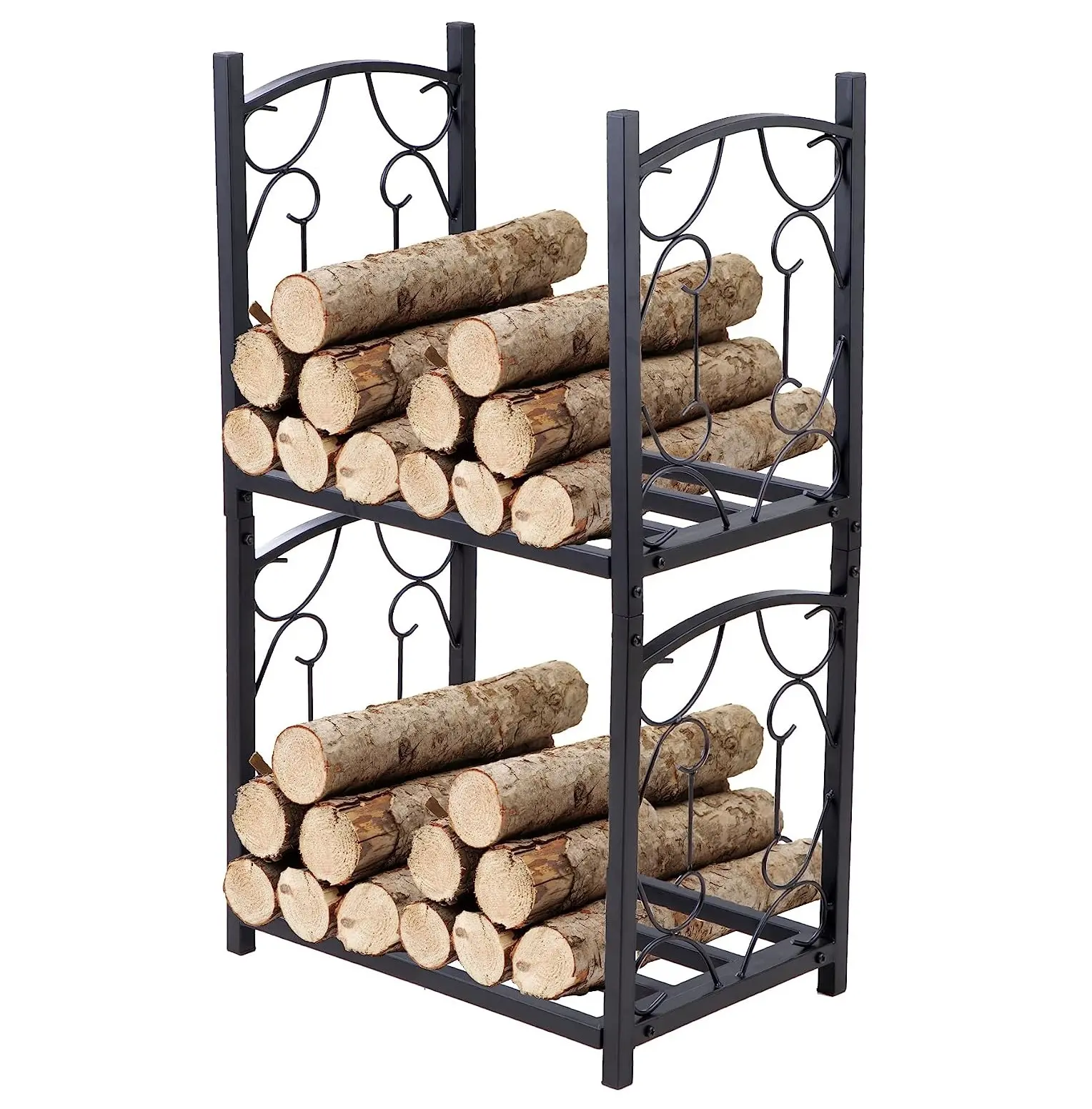 2 Camada Lareira Log Rack Fireside Lenha Titulares Lumber Armazenamento Empilhamento Preto Ferro Forjado Heavy Duty Logs Bin Titular