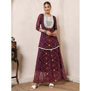 Conjunto coordinado estilo bohemio indo-occidental para mujer: Kurti Bandhani color vino con Palazzo de gasa estilo indo-occidental - Product Image 6