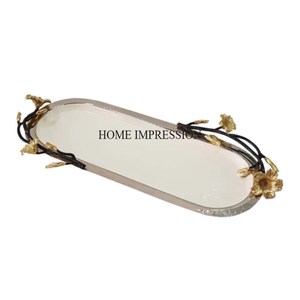 Último patrón de llegada, diseñador de Arte Moderno, forma ovalada, Metal, Color blanco, recubierto de polvo con asas chapadas en oro, bandeja para servir - Product Image 6