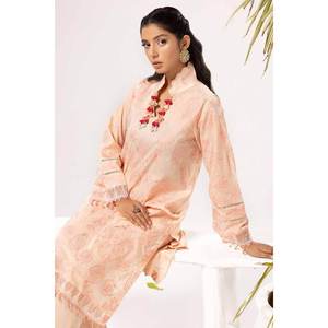 Ensemble 2 pièces orange non cousu pour femme, brodé, en tissu lawn, avec col mandarin, imprimé floral, coupe ample - Product Image 5