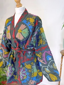 Grey Suzani Kimono Robe, Embroidered Boho Kimono <b>Jacket</b>, Handmade Cotton Wrap Robe, Tribal Festival Kimono - Product Image 4