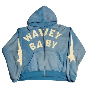 Custom Distressed Patch Embroidery Men's Hoodie Heavyweight Acid Wash Boxy Cropped <b>Zip</b> up French Fleece Size 6XL - Product Image 1