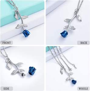 Plata azul Rosa flor urna collar cremación joyería para cenizas para mujeres niñas urna recuerdo medallón humano titular tamaño personalizado - Product Image 4