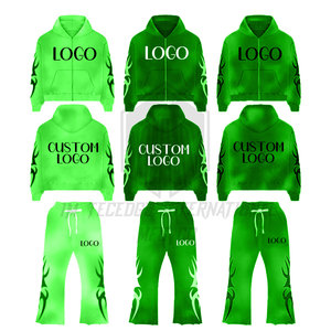 Pantalon de survêtement évasé en éponge française de haute qualité et jogging à capuche avec fermeture éclair, survêtement délavé au soleil pour hommes - Product Image 2