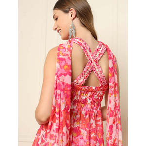 DEEBACO Ensemble Coordonné Femme en Chiffon Imprimé Abstrait avec Haut Peplum en Dentelle, Pantalon Palazzo Longueur Cheville et Dupatta – Tenue de Soirée Chic - Product Image 3