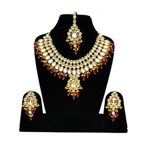 Ensemble de collier Meenakari de luxe plaqué or 18 carats, rouge, non taillé, Dibbi Kundan, pour mariage, occasions inspirées du vintage, bijoux de mariée - Product Image 3