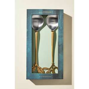 เซิร์ฟเวอร์สลัดสแตนเลสมีด้ามจับสีทองลายดอกไม้ที่เหมาะสำหรับเป็นของขวัญและการตกแต่งธีมหรูหราจากอินเดีย - Product Image 2