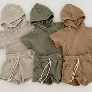 Custom Logo Baby Boys Plain Heavyweight Cotton Blank Hooded T-Shirt Short Set Kids Summer Tracksuit Set