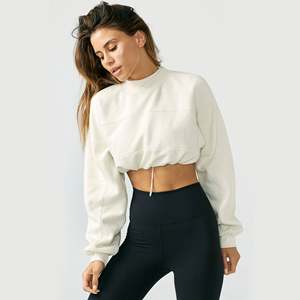 Sweat-shirt court à cordon de serrage 100 % coton pour femme, motif lettres brodées, hiver [573LST-OW] - Product Image 3