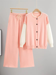 Ensemble 2 pièces tricoté décontracté Pull en tricot à boutonnage simple pour femmes Cardigan Tops Conjuntos Pantalon taille haute à jambes larges Outfit - Product Image 1