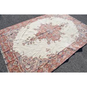 Vintage Turkish Rug Classic Red <b>White</b> 6.2 X 9.1ft Large Area <b>Wool</b> Latex Patchwork for Hallway Room Abstract Design for Teens - Product Image 4