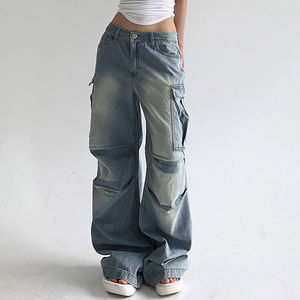 Jeans à jambes larges délavés pour femmes pantalons à poches latérales amples plissés Streetwear jean petit ami prix raisonnable Service OEM - Product Image 4