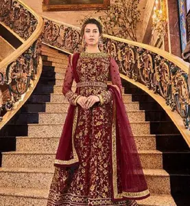Индийская модная Мода для женщин Длинная Тяжелая Сетка с вышивкой Анаркали Kurti платье с Dupatta свадебная одежда костюм