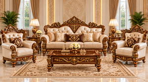 Ensemble de canapés de salon de style Maharaja majestueux, ensemble de canapés traditionnels rembourrés en bois massif avec design sculpté et dossier capitonné, USA - Product Image 2