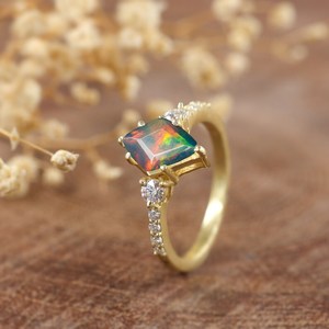 Black Fire Ethiopian Opal Wedding Ring For Women October <b>Birthstone</b> Natural Opal Ring 925 Sterling Silver 14K Gold Plated - Product Image 5