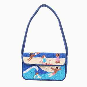 Bolso de hombro de lujo hecho a mano con estampado de limones y cuentas para mujer, bolso tipo baguette con solapa a rayas azul claro para vacaciones de verano. - Product Image 6