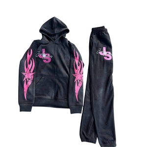 Diseño de logotipo personalizado Sun Fade Chándales Hombres Lavado ácido Rhinestone Zip Up Sudadera con capucha Pantalones acampanados Trajes de sudor de algodón - Product Image 5