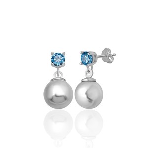 New arrival 925 STERLING <b>SILVER</b> 4 MM BLUE ZIRCON STONE 8 MM WHITE SHELL <b>PEARL</b> STUD <b>EARRINGS</b> From Turkey - Product Image 2