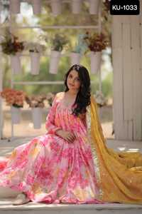 Ropa tradicional india Vestidos de lujo listos para usar de seda rusa con estampado digital con trabajo bordado con borde de encaje de diseñador - Product Image 5