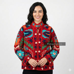 Veste coupe-vent en coton tricoté brodé de fleurs bleues en gros pour femmes, style ethnique suzani fait à la main, hiver - Product Image 1