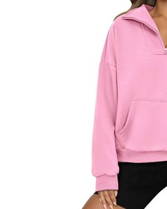 Sudadera con Capucha Rosa de Media Cremallera para Mujer, Sudadera Holgada de Felpa Suave con Cuello Alto, Ropa de Invierno Acogedora, Estilo Casual, Cómoda con Bolsillo - Product Image 2