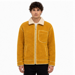 Veste d'hiver en polaire sherpa pour homme, personnalisée, épaisse, jaune moutarde, fermeture éclair intégrale, col rabattable, vêtement d'extérieur décontracté avec poche poitrine - Product Image 1