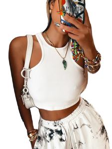 Top corto informal para mujer con cuello redondo logotipo personalizado tanque de algodón acanalado entrenamiento Fitness agujero decoración camisetas sin mangas de punto - Product Image 4