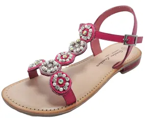 Sandalias de cuero con cuentas de diamante para mujer, sandalia clásica con correa en T, tendencia de verano