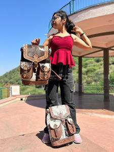 New Arrival Western Stylish Hand Tooled Hair on Cowhide Leather Backpack High Quality Genuine Leather Durable Backpack for Women - Product Image 3