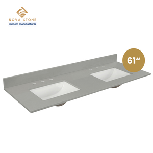 NV303 Prefab Vanity Top Embalaje minorista 61 * 22in 20mm Grueso Dual Bowl Cuarzo Vanity Sink Top - Product Image 1
