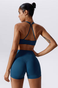 Quick Dry Dark <b>Blue</b> Sculpting <b>Shorts</b> & Twisted Front Strappy Sports Bra Plunging Neckline <b>Women</b> Workout Two Piece Set For <b>Women</b> - Product Image 5