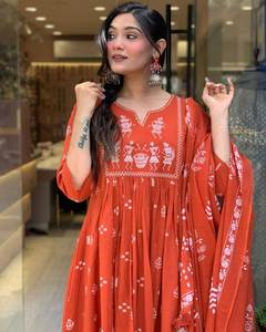 La mejor calidad, la mejor demanda, tela de algodón de Color naranja, traje Anarkali Salwar con juego Dupatta para Diwali/Holi/ Eid Festive Special - Product Image 4