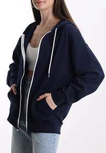 Sweat-shirt à capuche oversize uni pour femme, hiver 2025, avec cordon de serrage, manches longues, style vintage, poches zippées, polyester/coton - Product Image 2