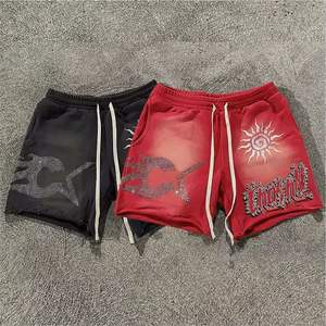 Pantalones Cortos Deportivos Personalizados para Hombre, Estilo Vintage, Holgados, Desgastados, Lavado Ácido, Estilo Urbano, Casuales, de Malla con Logotipo de Diamantes de Imitación - Product Image 1