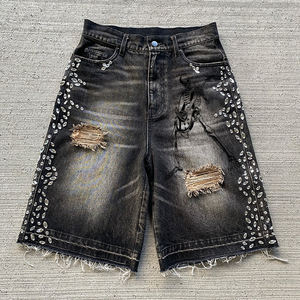 Jeans Shorts Hombres Personalizado Plus-size Baggy Beaded Ripped Catwhiskers Shorts Jeans para hombres - Product Image 1