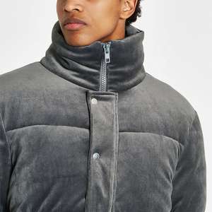 Custom Embroidered Logo <b>Padded</b> Zip Up Jackets & Coat New Fashion Wholesale Custom Men's Clothes Grey Velvet Puffer Jackets - Product Image 4