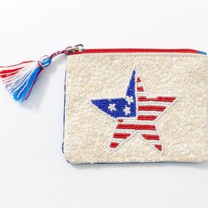 กระเป๋าลูกปัดคาวบอยสีขาวสีแดงสีน้ำเงินกระเป๋าใส่เหรียญขนาดเล็กมีซิปที่ปิดทำด้วยมือสไตล์ตะวันตกทำจากผ้าใบ - Product Image 1