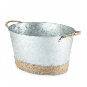 Galvanized Oval <b>Metal</b> Planter <b>Tub</b> with Jute Wrap Handles Rustic Indoor Outdoor Flower Pot Wholesale - Product Image 1