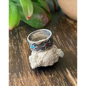 Anillo de Turquesa Navajo Hecho a Mano con Diseño de Tortuga en Plata de Ley y Múltiples Piedras, Talla 4.5, Joyería para Uso Diario, IGI - Product Image 3