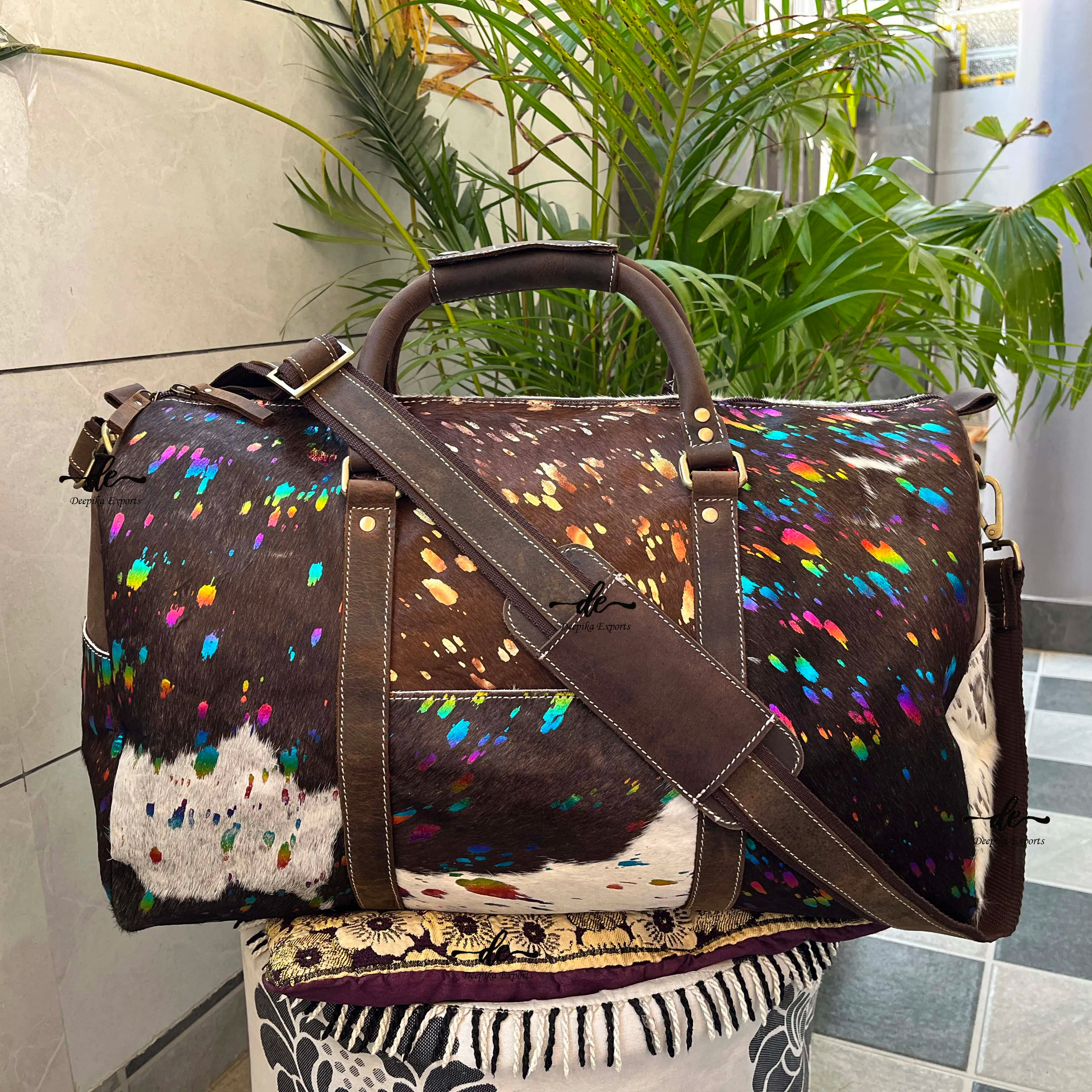 New Design Real Cowhide Leather Luggage Bags Metallic Handmade Bag Unisex Travel Bag Big Size Multi Uses Hair on Hide
