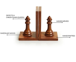 Chess Queen se termine par un livre sculpté à la main en bois de Sesham Serre-livres d'échecs décoratifs pour étagères Serre-livres 2pack Organisateur en bois robuste - Product Image 4